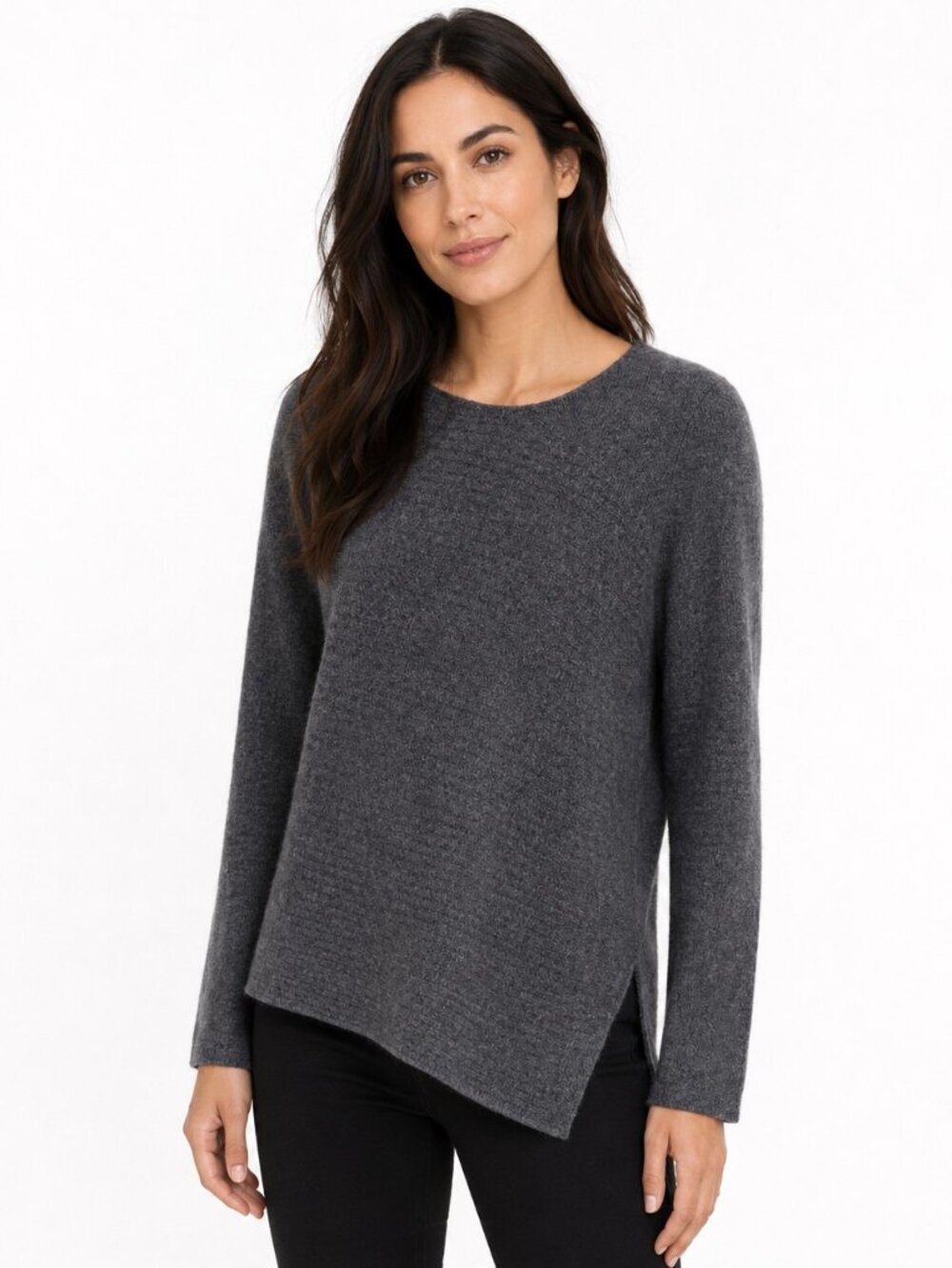 Griffen Grey Ribbed Asymmetrical Hem Cashmere Sweater